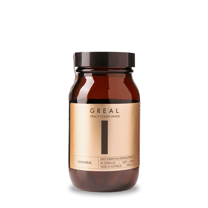 Front of Greal® Sangreal Daily Essential Micronutrients (multivitamin) capsules in amber coloured medical grade glass bottle.