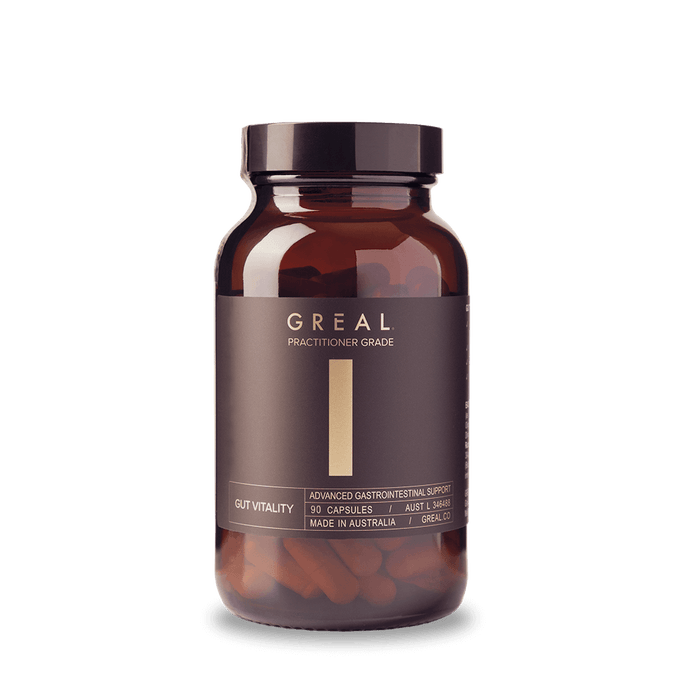 Front of Greal® Gut Vitality Advanced Gastrointestinal Support capsules in amber coloured medical grade glass bottle.